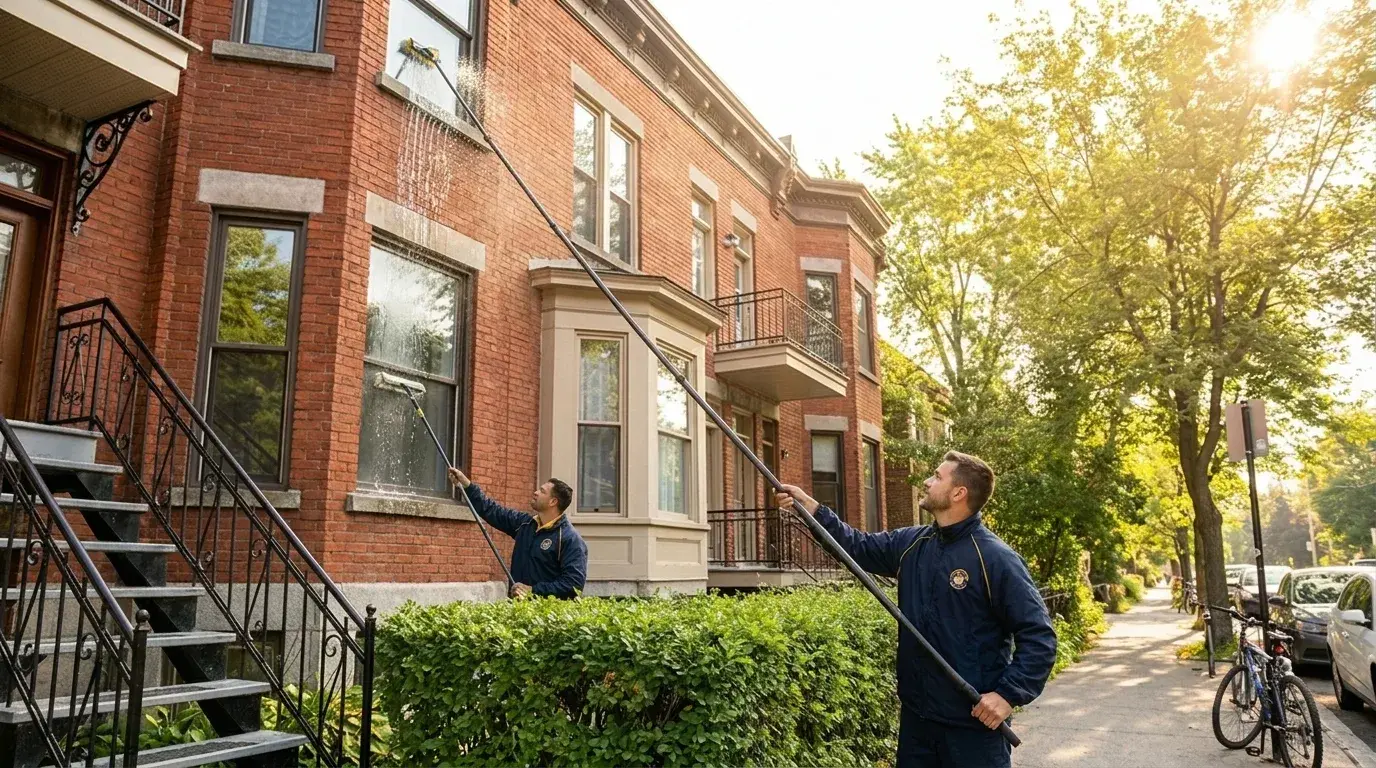 Deux techniciens de La Corvée lavent les vitres d'un duplex montréalais avec des perches à eau pure